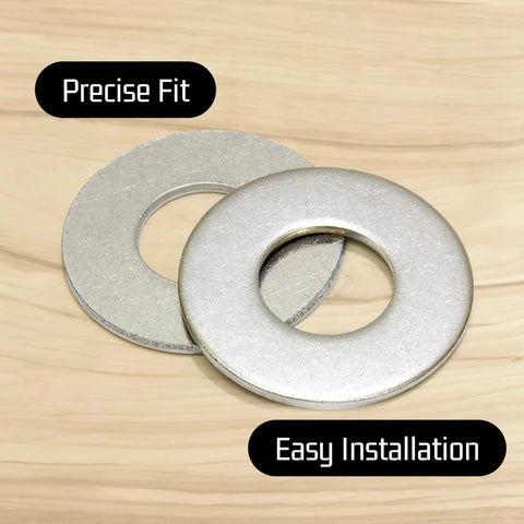 100 Pack Stainless Flat Washers 3/8 Inch ID By 7/8 Inch OD Heavy Duty 304 Stainless shown on wooden surface