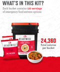 Grab And Go Emergency Food Supply Bucket With 120 Servings Of Freeze Dried Meals For Camping And Backpacking, showing kit contents and calories