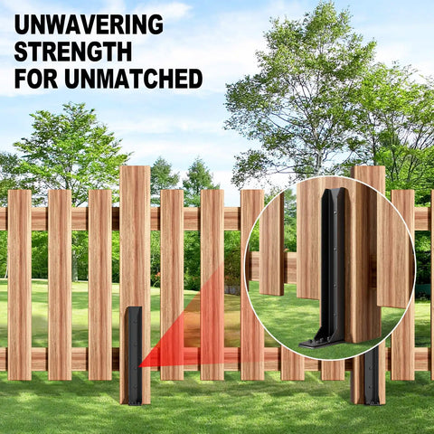 Heavy Duty Fence Post Repair Kit With Reinforced Steel Anchors To Square Up Lean Wooden Posts, focusing on installed black anchor beside wooden fence.