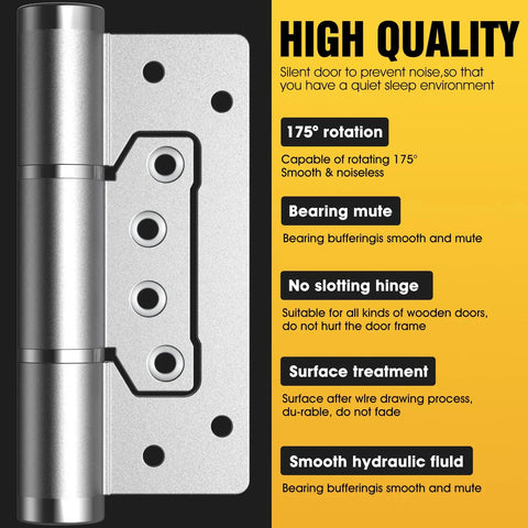 5 Pack Non-Mortise Door Hinges With Automatic Closing, Spring Hinge, Hydraulic Buffer, 175 Degree One Way Internal Opening, Space Aluminum Alloy, Adjustable Closing Speed And Force, Silver