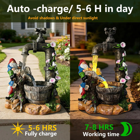 Solar Garden Gnomes Statues With LED Water Fountain 10 Inch Resin Outdoor Yard Decor showing solar charging and night glow