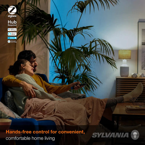 Couple enjoying ambiance from ZigBee RGBW Flex Strip Starter Kit For Smart Home Lighting, Tunable White And Full Color.