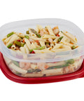 Easy Find Lids 9 Cup Food Storage Container In Racer Red With Snap On Lids And Bases filled with pasta