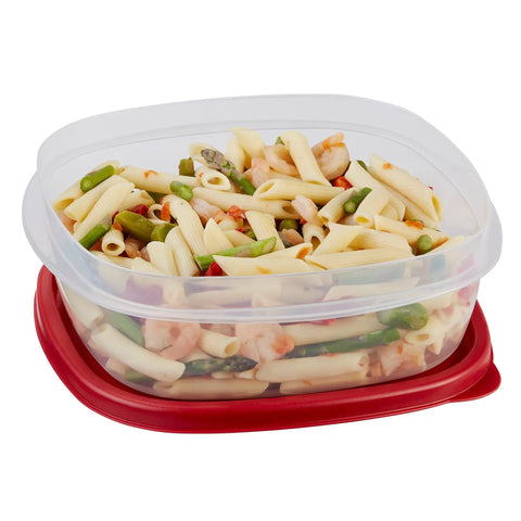 Easy Find Lids 9 Cup Food Storage Container In Racer Red With Snap On Lids And Bases filled with pasta