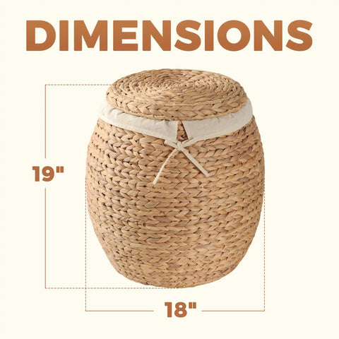 Wicker Storage Basket With Lid For Living Room Large Blanket Organizer Handwoven Water Hyacinth With Removable Cotton Liner, 19x18 inches