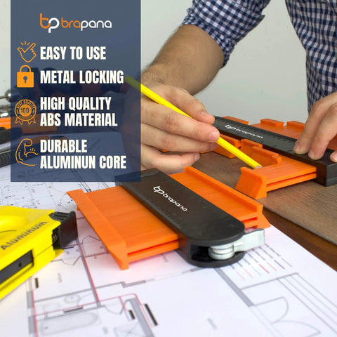 Locking Contour Gauge Set 10 Inch And 5 Inch Profile Duplicator Tool used on a blueprint with pencil and tape measure