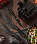 15 Piece Kitchen Knife Set with Built In Sharpener Block German Stainless Steel Blades in Black Wood Block on kitchen counter.