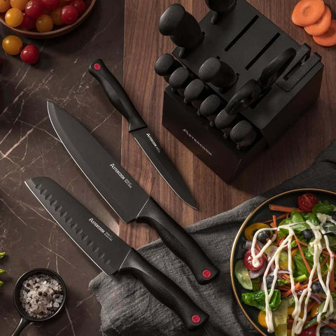 15 Piece Kitchen Knife Set with Built In Sharpener Block German Stainless Steel Blades in Black Wood Block on kitchen counter.