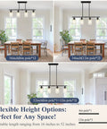 32 Inch 4 Light Matte Black Bar Light With Rustic Farmhouse Charm For Kitchen Island And Dining Room Ceiling Hanging Lamp That Hits Different, shown at 16, 34, and 52 inch heights.
