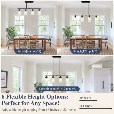 32 Inch 4 Light Matte Black Bar Light With Rustic Farmhouse Charm For Kitchen Island And Dining Room Ceiling Hanging Lamp That Hits Different, shown at 16, 34, and 52 inch heights.