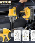 Heavy Duty Brushless Cordless Impact Wrench With 4 Amp Hour Battery delivering torque displayed in use on an engine.