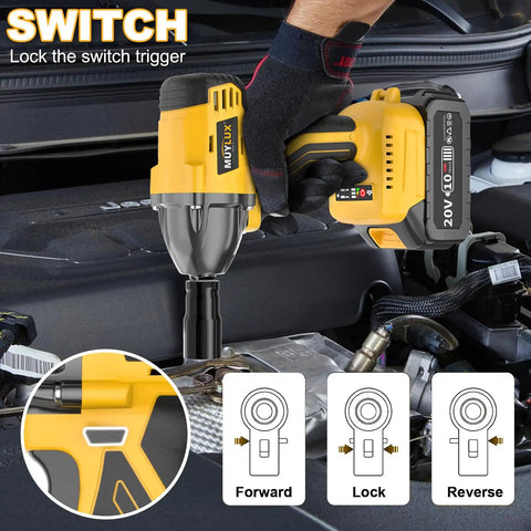 Heavy Duty Brushless Cordless Impact Wrench With 4 Amp Hour Battery delivering torque displayed in use on an engine.
