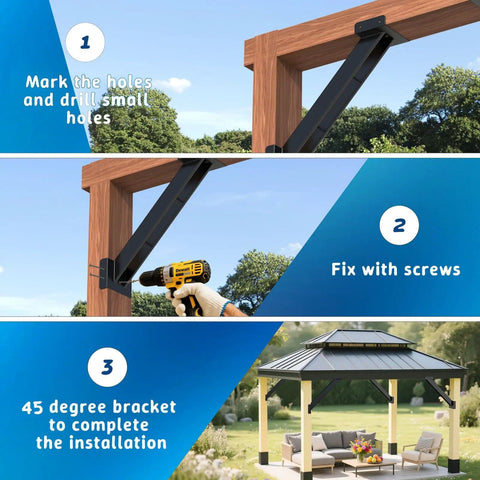 Steps to install Heavy Duty 12 Pack 45 Degree Angle Pergola Bracket Kit For 4x4 Lumber Gazebo Construction Open Corner Steel Brackets 3.6x3.6 Inch Reinforcement For Wooden Structures