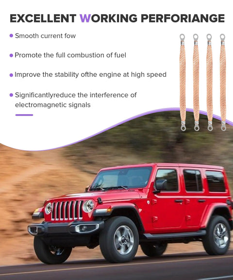 Heavy Duty 6 Pack Copper Braided Automotive Ground Straps With Terminal Plugs alongside a red SUV on a road.