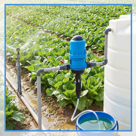 Fertilizer Injector For Drip Irrigation Three Quarter Inch NPT With Adjustable 0.4 To 4 Percent Water Powered Dosing Pump shown in use in a field.