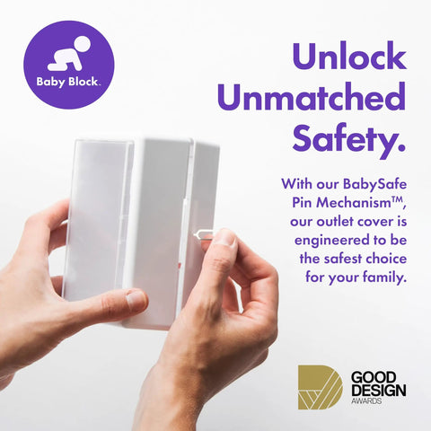 Hands holding a Locking Outlet Cover Box For Baby Proofing Enclosed Protector For Plugs And Cords Kid Safe Outlet Covers Easy Install Childproof Plug Box Preventing Access To Live Outlets Durable Home Safety Solution, showcasing BabySafe Pin Mechanism and Good Design Award logo.