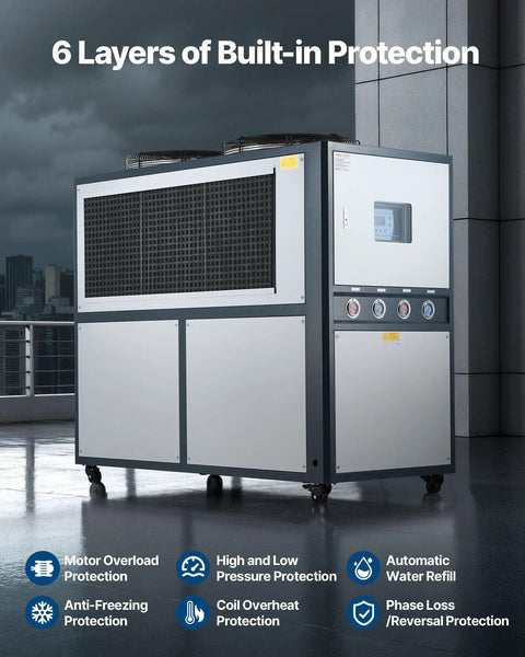 Hardcore Industrial Air Cooled Water Chiller With Dual High Output Compressors And A Massive Fifty Three Gallon Tank, showing built-in protection features.