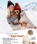Women wearing Cozy Winter Beanie Knit Hat For Women Warm Fleece Lined With Faux Fur Pom Poms Thick Ski Skull Cap in snow.