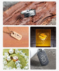 xTool S1 laser-engraved jewelry samples: metal ring with paw prints, engraved dog tag pendants.