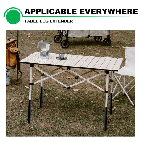 Hella Sturdy 4 Pack Table Leg Extenders For Folding Tables Adjustable Steel Risers Rising From 3.6 To 5.23 Inches on an outdoor table.