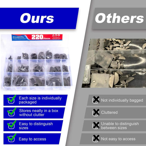 Woodruff Key Assortment Kit Must Have 220 Pieces In 17 Metric Sizes Semi Circle Half Moon Keys And Shaft Crank Keys shown in organized box compared to cluttered box