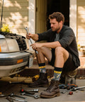 Man working on car wearing Three Pack Mechanical Engineering Socks Gift Set For Gearhead Men And Techy Dads