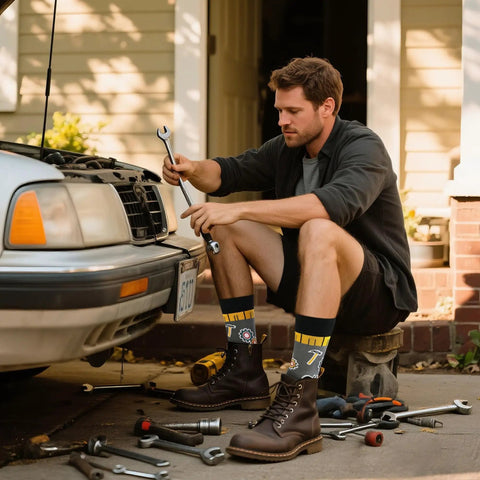 Man working on car wearing Three Pack Mechanical Engineering Socks Gift Set For Gearhead Men And Techy Dads