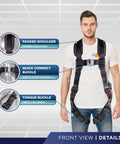 Front view of black Fall Protection 5 Point Safety Harness with 1D Ring Quick Connect Buckle, Size 3XL. Details highlighted.