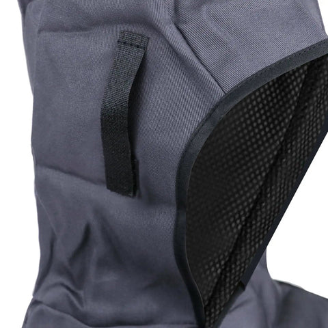 Close-up of Lightweight Welding Hood Cap With Neck Shield, Heat And Abrasion Resistant Protective Helmet fabric and strap detail.