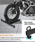 Heavy Duty Motorcycle Front Tire Chock For 15 To 30 Inch Wheels, Adjustable Wheel Stand With 1500 Lbs Capacity in use