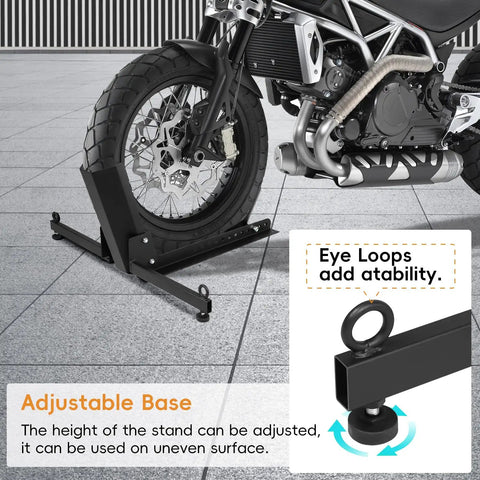 Heavy Duty Motorcycle Front Tire Chock For 15 To 30 Inch Wheels, Adjustable Wheel Stand With 1500 Lbs Capacity in use