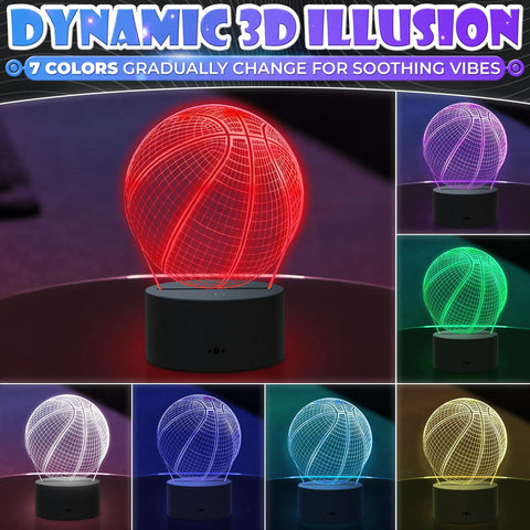 Lit Basketball Night Light For Kids Room With 3D LED Hoop Lamp In Seven Color Changing Modes showing red and green lights
