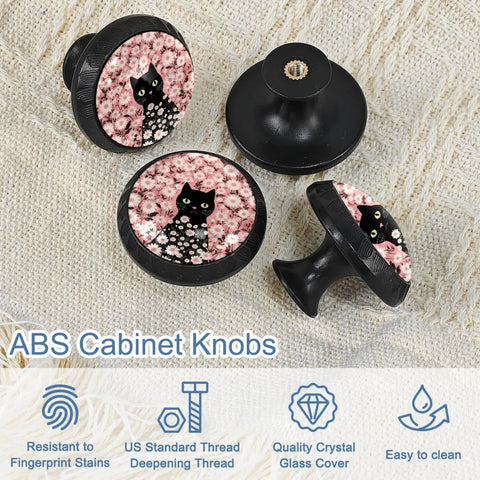 4 Pack Killer Look Pink Daisy And Kitty Crystal Glass Cabinet Knobs Built Tough For Kitchen Cupboards And Super Smooth Dresser Drawer Pulls showing black cat design.