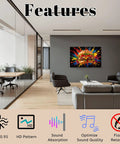 Eight Piece Peel And Stick Sound Absorbing Acoustic Panels Featuring Kitschy Burger Artwork in a modern office setting.