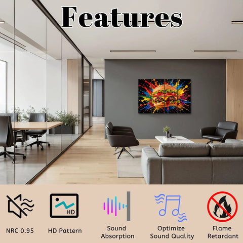 Eight Piece Peel And Stick Sound Absorbing Acoustic Panels Featuring Kitschy Burger Artwork in a modern office setting.