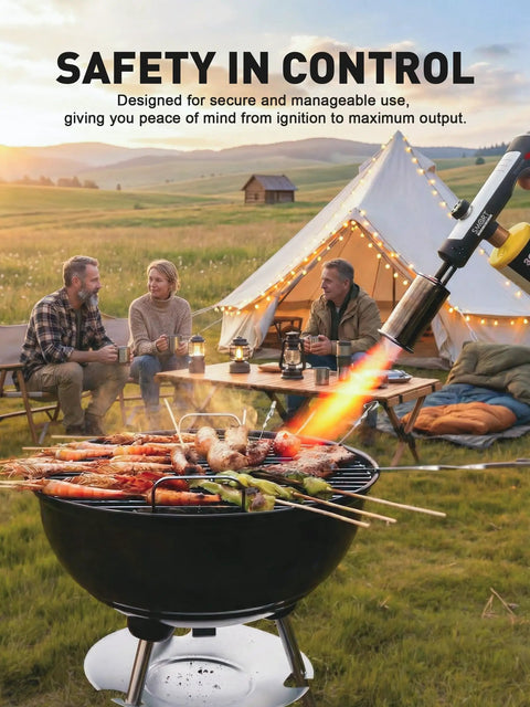 Outdoor BBQ with Propane Torch Gun With Adjustable Flame for Searing Charcoal Lighting and Grilling beside a tent