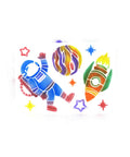 Colorful stencils featuring an astronaut, planet, and rocket from Rad Battery Powered Airbrush Marker Spray Craft Kit.
