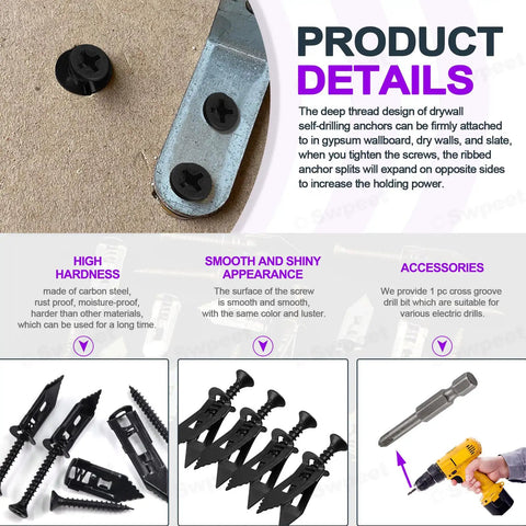 DIY 201-Piece Drywall Self-Drilling Anchors And Screws Kit With Drill Bit, Zinc Plated Black, 4 Sizes Displayed