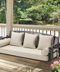 Three Seat Hanging Porch Swing With Cup Holders And Three Back Cushions, Extra Wide 60 Inch Swing Chair With Chains, Beige