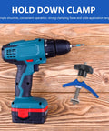 Pro-Grade T-Track Clamp Quick-Act Hold-Down For Woodworking And Carpentry next to a power drill on a wood surface