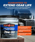 Heavy Duty Full Synthetic Gear Oil 75W-90 GL-5 Differential Fluid For Trucks And Semis 5 Gallon Pail with truck in background