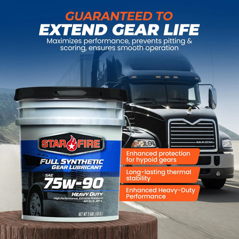 Heavy Duty Full Synthetic Gear Oil 75W-90 GL-5 Differential Fluid For Trucks And Semis 5 Gallon Pail with truck in background
