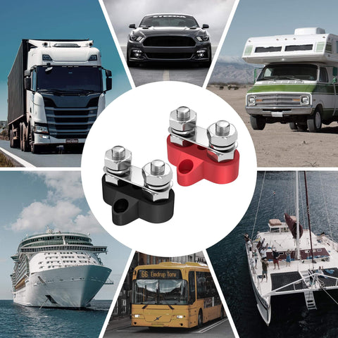 Beefed Up 12V 200A Power Distribution Block With Dual Five Sixteenth Inch M8 Studs Red Positive And Black Ground Bus Bar in vehicle applications