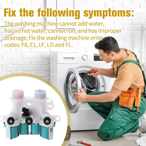 Technician repairing washer with Washer Water Inlet Valve Replacement For Popular Laundry Machines Two Port Valve, close-up