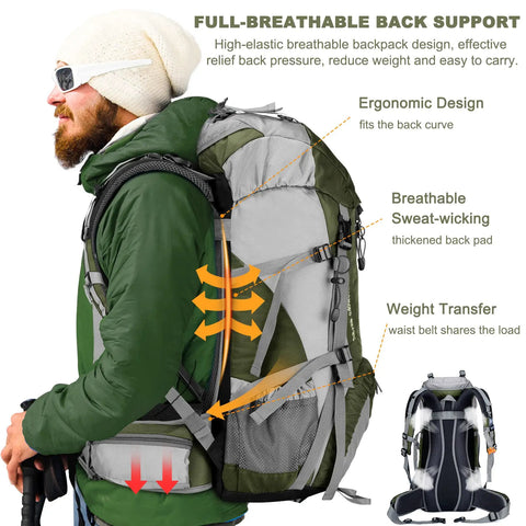 Side view of a person wearing Waterproof 50L Hiking Backpack With Rain Cover Lightweight 45 Plus 5 Liter Daypack