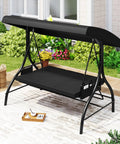 Three Person Outdoor Porch Swing With 2 In 1 Convertible Design From Chair To Lounger For Chill Sessions, Black Metal Frame
