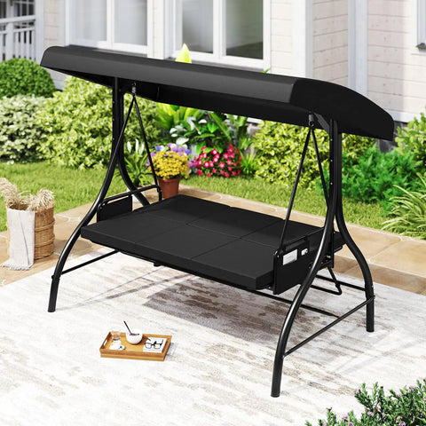 Three Person Outdoor Porch Swing With 2 In 1 Convertible Design From Chair To Lounger For Chill Sessions, Black Metal Frame
