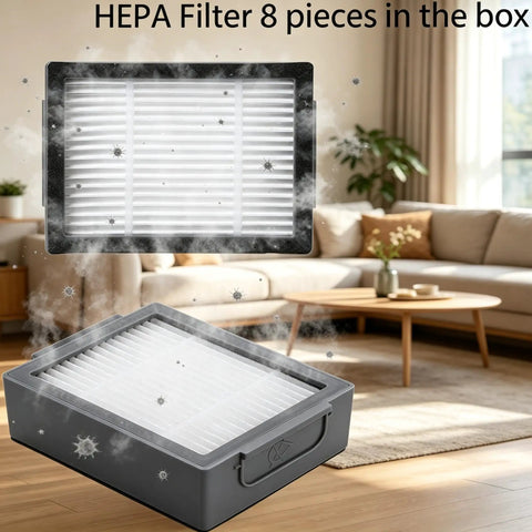 Six Pack Replacement HEPA Filters For E And J Series Vacuum Cleaners E5 E6 E7 I1 I2 I3 I4 I5 I6 I7 I8 J8 Plus Not For J7 J9 Max High Efficiency Filter Set displayed in a living room setting