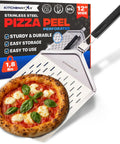 Perforated Pizza Peel 12 Inch With 10 Inch Folding Handle Stainless Steel Spatula Paddle For No-Fuss Pizza Transfer And Easy Storage Space Saving Outdoor Pizza Oven Accessory shown with pizza