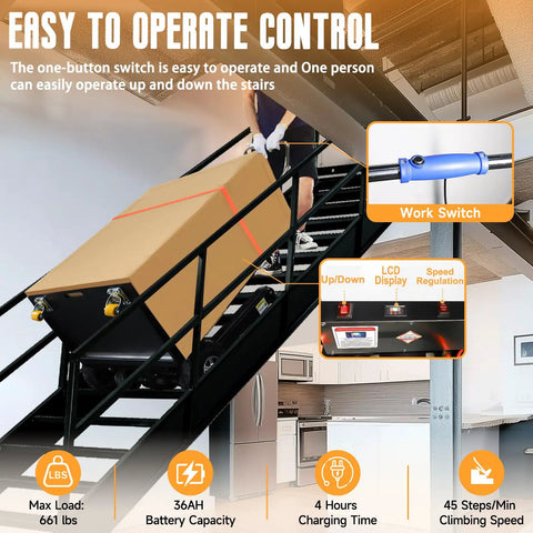 Heavy Duty Electric Stair Climbing Dolly 661Lb Capacity 600W Motor Powered Hand Truck Cart moving a box up stairs with ergonomic control.